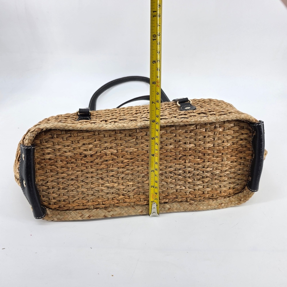 Kate Spade New York Woven Straw Shoulder Bag Tan Black Leather Trim Turnlock - Picture 9 of 12